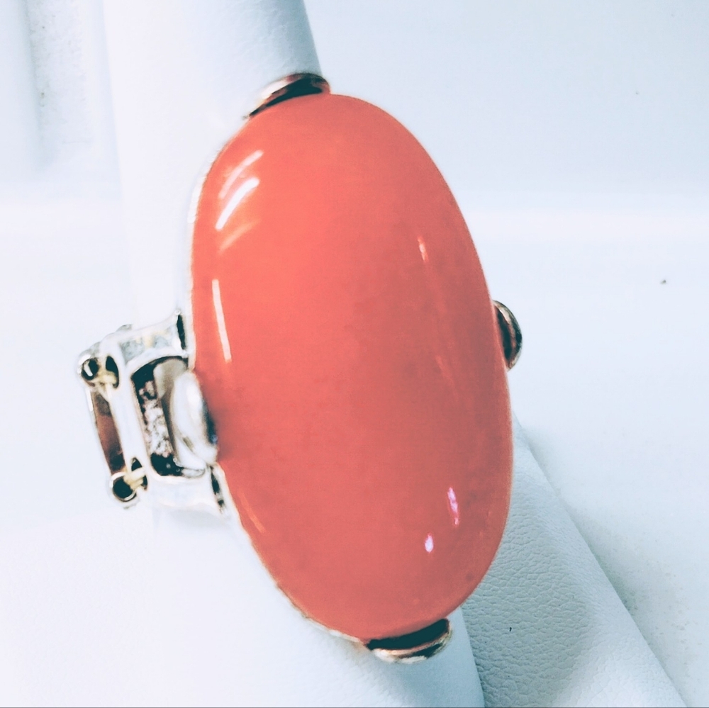 Silver-tone and Orange Jade Stretch Statement Ring